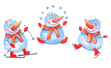 Snowman skiing, figure skating and snowball watercolor illustration isolated on white.
