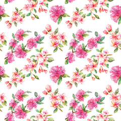 Spring pink blooming watercolor flowers seamless background on white.