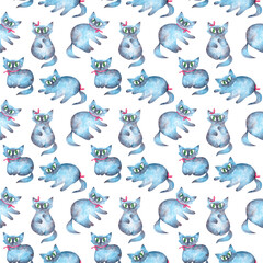 Blue kitty watercolor cute seamless pattern on white.