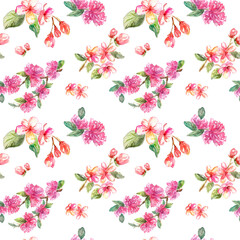 Botanical seamless pattern with spring bloom flowers on white background watercolor drawing.