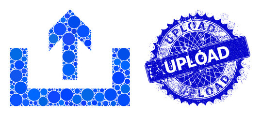 Upload box vector collage of round dots in different sizes and blue color tints, and rubber Upload badge. Blue round sharp rosette badge includes Upload title inside.