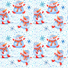 Christmas seamless pattern with funny snowman and snow watercolor illustration.
