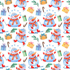 Christmas seamless pattern with snowman, gifts, candy watercolor illustration on white.