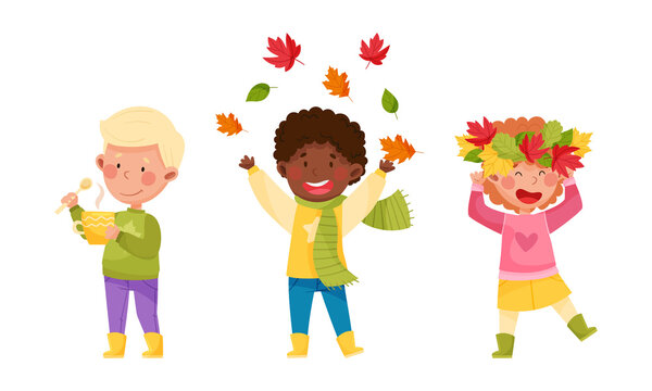 Kids playing outdoors in autumn set. Children throwing colorful leaves, drinking hot tea and making wreath of leaves cartoon vector illustration