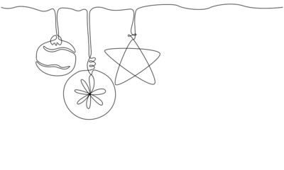 Single continuous line hanging star and balls, snowflakes and confetti. Line art winter illustration