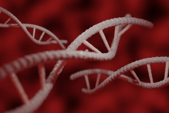 cgi render image of dna on red cloudy background
