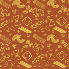 Vector illustration in doodle style. Seamless pattern of different kinds of pasta.