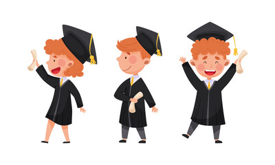 Happy kids graduate students in graduation suits celebrating the end of their studies with diploma in hands vector illustration