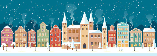 Snowy Christmas night in cozy town city panorama with castle. Winter village landscape, flat style, vector illustration