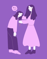 Gender dysphoria in adolescents. Mom puts a label on her daughter. Flat vector magenta illustration