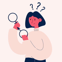 Gender identification. The girl is trying to understand her gender. Flat vector red illustration