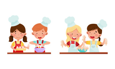 Cute kid chef characters set. Adorable funny children baking in the kitchen cartoon vector illustration