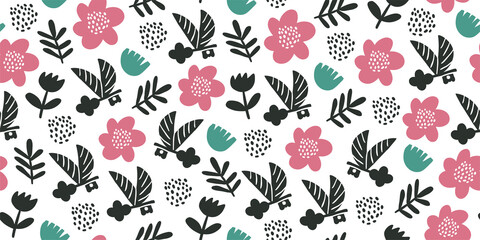 Gentle pink flowers vector seamless pattern with flying keys