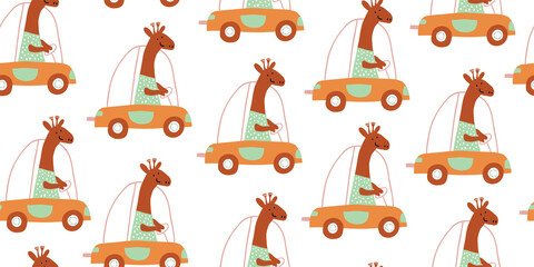 Seamless childish pattern with cute giraffe driving a car. Creative kids texture for fabric, wrapping, textile, wallpaper, apparel. Vector illustration