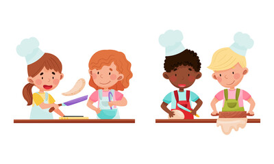 Cute kid chef characters set. Adorable funny children baking pancakes and cookies in the kitchen cartoon vector illustration