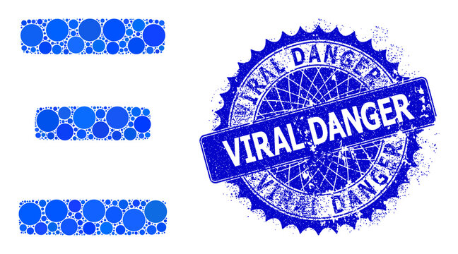 Xi Greek symbol vector mosaic of circle dots in various sizes and blue color tones, and distress Viral Danger badge. Blue round sharp rosette stamp has Viral Danger title inside it.