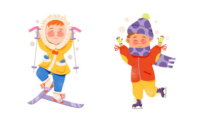 Cute happy little boy and girl in winter outfit skiing and skating. Winter outdoor activities cartoon vector illustration