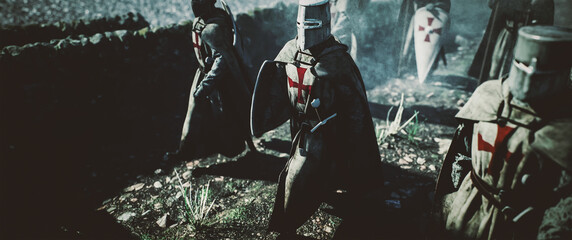 medieval knights passing through the village. cinematic concept. 