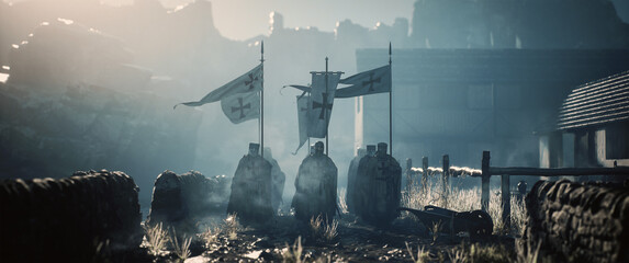medieval knights passing through the village. cinematic concept.  - obrazy, fototapety, plakaty
