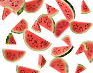 Slices of delicious ripe watermelon falling on white background