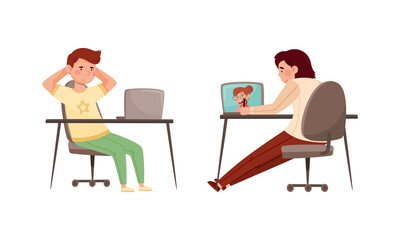 Fototapeta premium Children studying online and communicating with classmates via video conference on laptop computer. Distance education during quarantine cartoon vector illustration