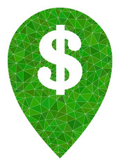 Low-poly bank map marker icon image is designed with scattered filled triangles. Triangulated bank map marker polygonal 2d vector illustration. Bank Map Marker icon is filled with triangles.