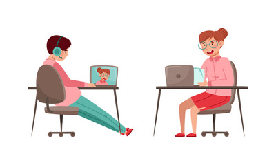 Teen boy and girl studying online and communicating with classmates via video conference on laptop computer. Online learning concept cartoon vector illustration