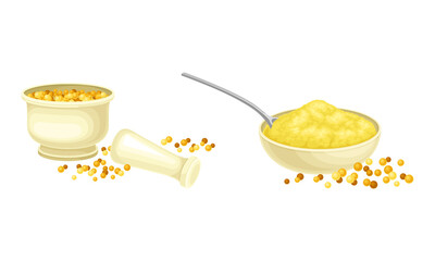 Ceramic bowl of ground mustard seeds, mortar and pestle set. Natural organic healthy product vector illustration