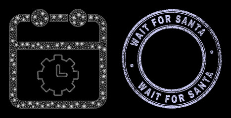 Bright net calendar time options icon with glow effect on a black background with round Wait for Santa rubber seal imitation. Vector model is based on calendar time options icon,