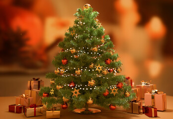 輝くクリスマスツリーとプレゼント　Merry Christmas and New Year holidays background.	