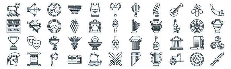 ancient greece thin line icon set such as pack of simple armour, grape, medicine, papyrus, trophy, shield, olive icons for report, presentation, diagram, web design - obrazy, fototapety, plakaty