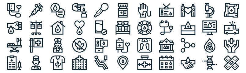 blood donation thin line icon set such as pack of simple edema, blood donation, nurse, surgeon, hospital bed, house, microscope icons for report, presentation, diagram, web design