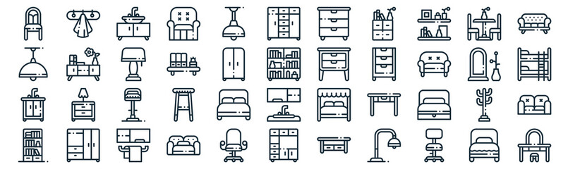 furnitures thin line icon set such as pack of simple ceiling light, shelf, stool, wardrobe, sink, lamp, table icons for report, presentation, diagram, web design