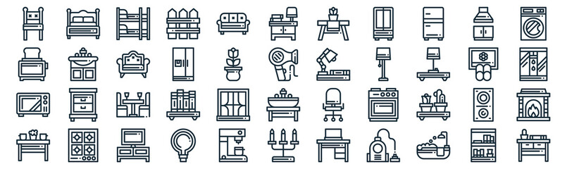 home and living thin line icon set such as pack of simple sofa, fridge, dinner table, cooker, microwave, sofa, hood icons for report, presentation, diagram, web design