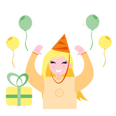 Vector illustration of a young girl who catches balloons. Happy birthday. The girl is happy with the gift and balloons. Isolated.