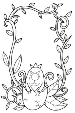 Eggshell monster with leaf frame.illustration of cute monster background, hand draw