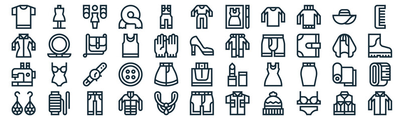 fashion thin line icon set such as pack of simple overalls, sleeveless, wristwatch, thread, sewing hine, handbag, pamela icons for report, presentation, diagram, web design