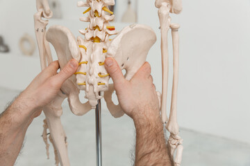 Doctor man pointing on pelvis of human skeleton anatomical model. Physiotherapist explaining joints...