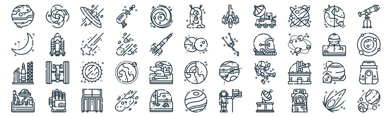 space thin line icon set such as pack of simple galaxy, asteroid, sun, glove, space shuttle, star, day and night icons for report, presentation, diagram, web design