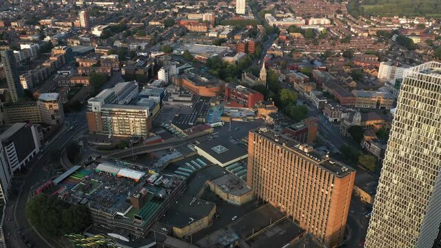 high angle tilt down reaveal of residencial englash cityscape of startford east london, Uk