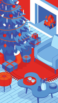 Colorful isometric Christmas illustration showing an interior with furniture, fireplace and Christmas decorations. Vector illustration in flat design. Holiday season picture in red, blue and white.
