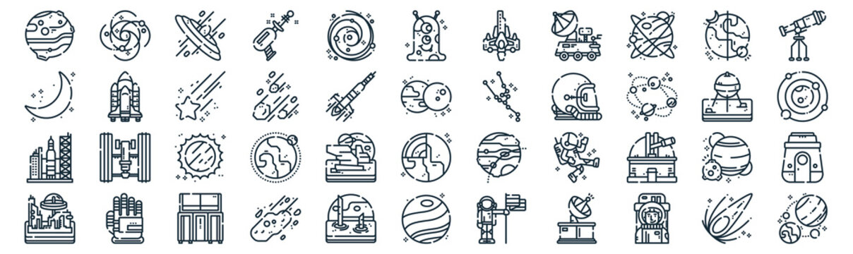 Space Thin Line Icon Set Such As Pack Of Simple Galaxy, Asteroid, Sun, Glove, Space Shuttle, Star, Day And Night Icons For Report, Presentation, Diagram, Web Design