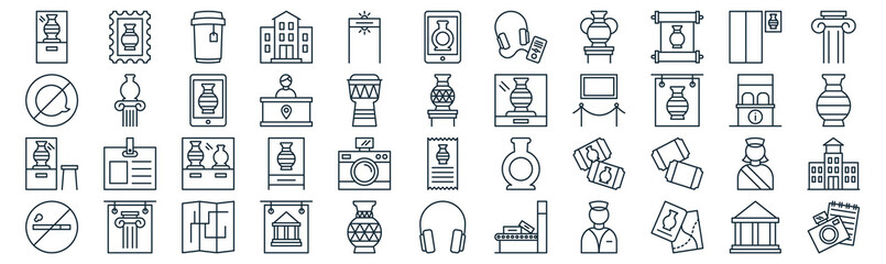 museum thin line icon set such as pack of simple metal detector, clerk, vase, exhibition, vase, tablet, lift icons for report, presentation, diagram, web design - obrazy, fototapety, plakaty