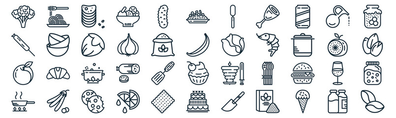 gastronomy collection thin line icon set such as pack of simple cucumber, garlic, stew, peas, peach, hazelnut, oil icons for report, presentation, diagram, web design