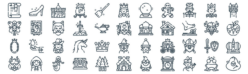 fairytale thin line icon set such as pack of simple broom, excalibur, musketeer, little red riding hood, magic mirror, wolf, king icons for report, presentation, diagram, web design