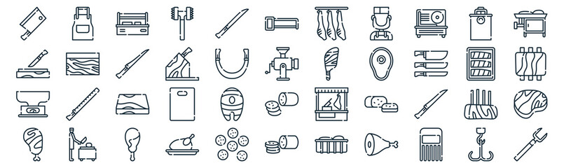 Fototapeta premium butcher thin line icon set such as pack of simple carving, knife block, butcher, butcher, kitchen scale, fillet, ham icons for report, presentation, diagram, web design