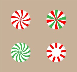 Christmas round candy set. Striped mint candies without wrapper. Traditional holiday dessert. Delicious table decoration. Lollipops Christmas spiral with peppermint. Vector