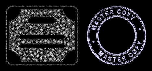 Glitter mesh net certificate diploma icon with glare effect on a black background with round Master Copy scratched badge. Vector frame is generated from certificate diploma icon, white mesh used.