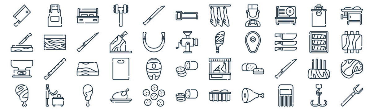 butcher thin line icon set such as pack of simple carving, knife block, butcher, butcher, kitchen scale, fillet, ham icons for report, presentation, diagram, web design