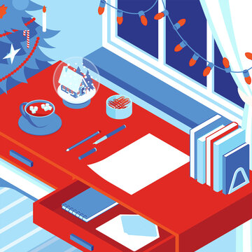 Colorful isometric Christmas illustration showing an interior with furniture and Christmas decorations. Vector illustration in flat design. Holiday season picture in red, blue and white.
